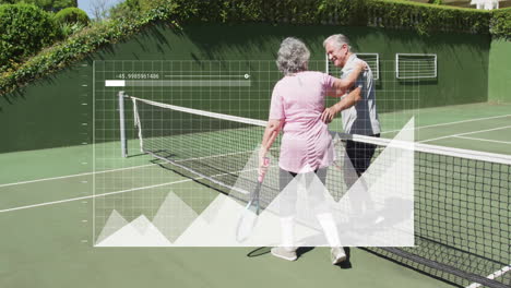 senior couple shaking hands on tennis court in sports analytics with grid and chart overlays