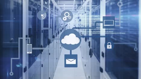 Animation-of-network-of-digital-icons,-data-processing-and-light-spot-against-computer-server-room