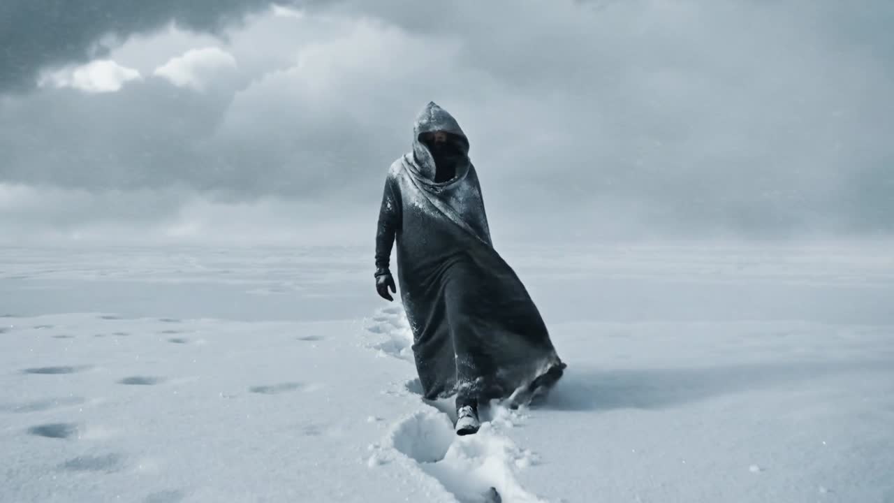 Viaggiatore incappucciato che cammina attraversando una pianura innevata, lasciando impronte, mantello che strascica durante il viaggio.