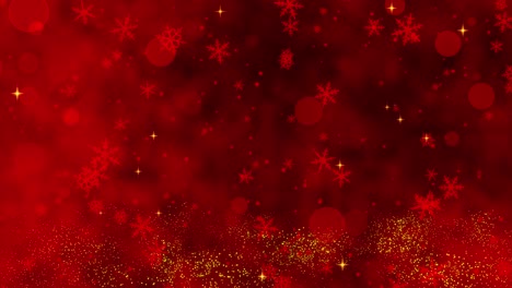 confeti rojo, copos de nieve y luces bokeh en el fondo rojo de navidad