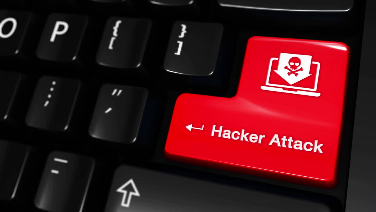 106 hacker attack moving motion on red enter button on modern computer keyboard with text and icon