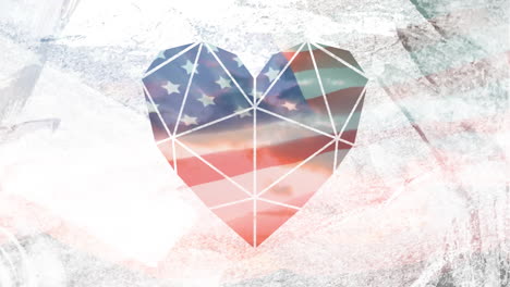 animation of diamond heart and paper texture over american flag and sunset sky