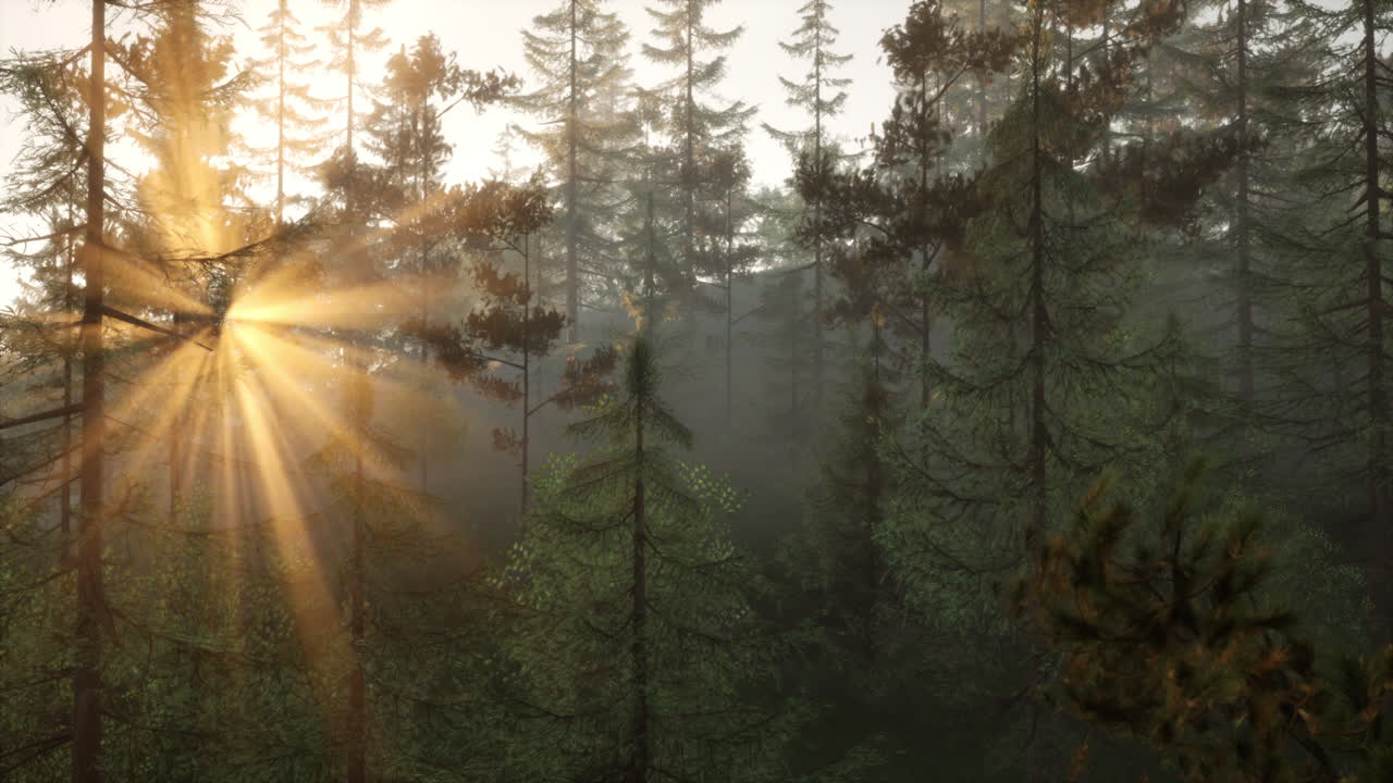 rayos de sol brillando a través del bosque de niebla