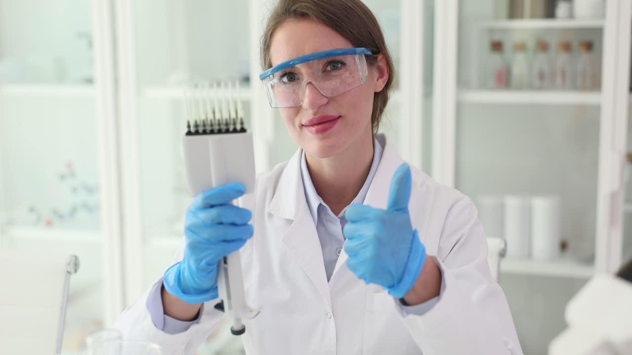 Female scientist in lab coat and safety glasses holding a pipette and giving a thumbs up