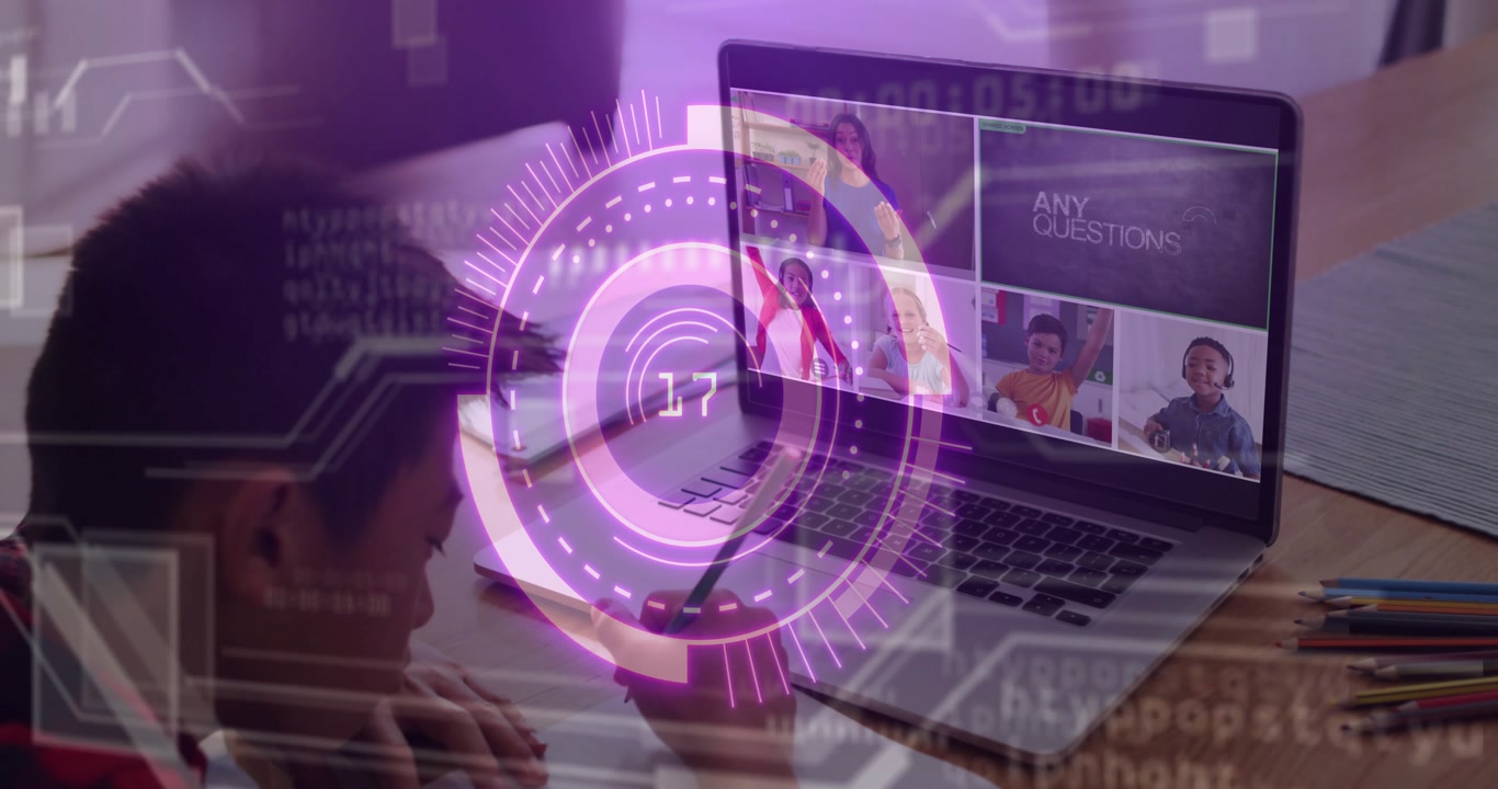 Boy writing notes at desk following class on laptop, slide asking questions, purple HUD overlaying