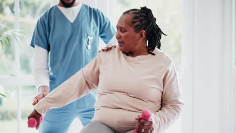 Physiotherapy,-arm-and-dumbbell-with-a-black-woman