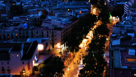 Barcelona-Vista-Aérea-De-La-Rambla-Por-La-Noche,-España