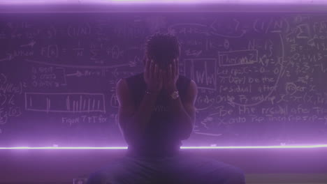 African-American-male-sitting-on-a-stool-in-front-of-a-chalkboard-with-extreme-frustration