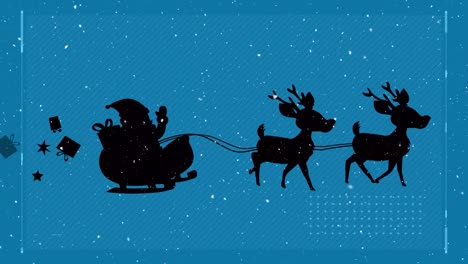 Snow-falling-over-silhouette-of-santa-claus-in-sleigh-being-pulled-by-reindeers-on-blue-background