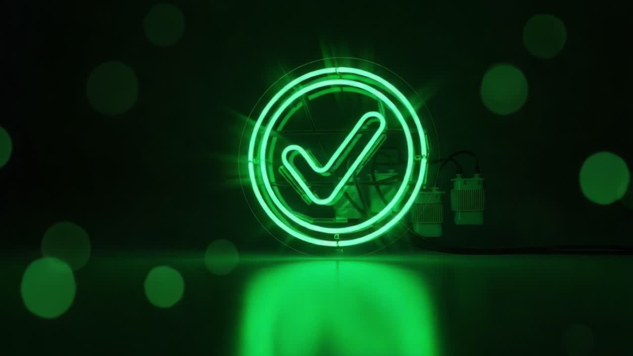 Illuminated Green Checkmark Sign in a Dark Environment, Radiating Brightness and Signifying Approval and Success with a Reflective Surface Beneath It