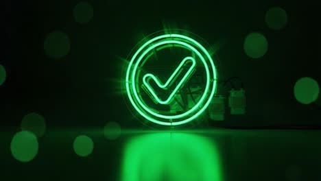 illuminated green checkmark sign in a dark environment, radiating brightness and signifying approval and success with a reflective surface beneath it
