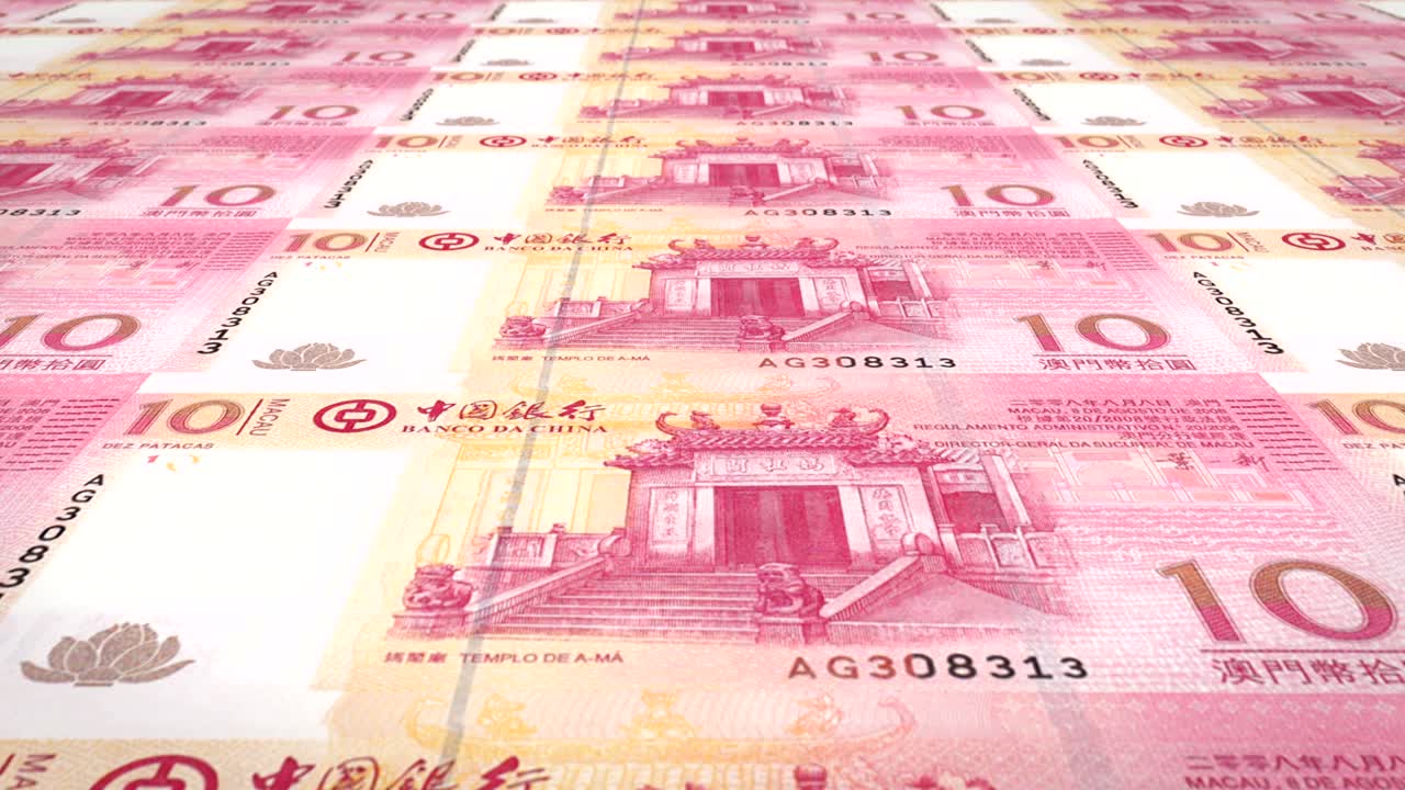 Cédulas de dez patacas macaenses de Macau rolando, dinheiro em espécie, em loop