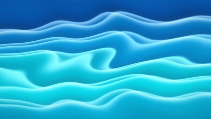 Onde ciano e blu che ondeggiano, animazione di sfondo fluida e liquida, serena e ripetibile.