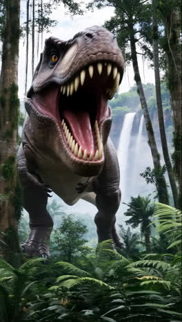 tyrannosaurus rex roaring in a lush jungle with waterfall