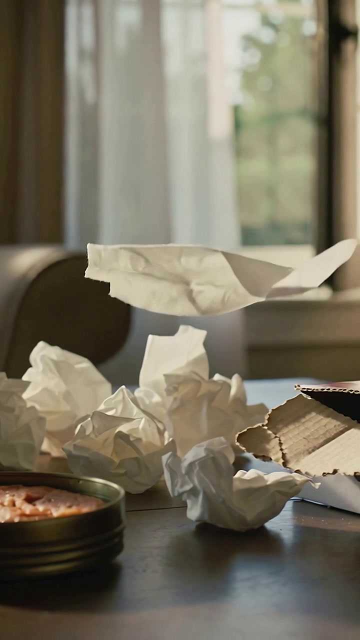 Vertical video: Entering folded paper moving left across table, revealing tin, tissues, box