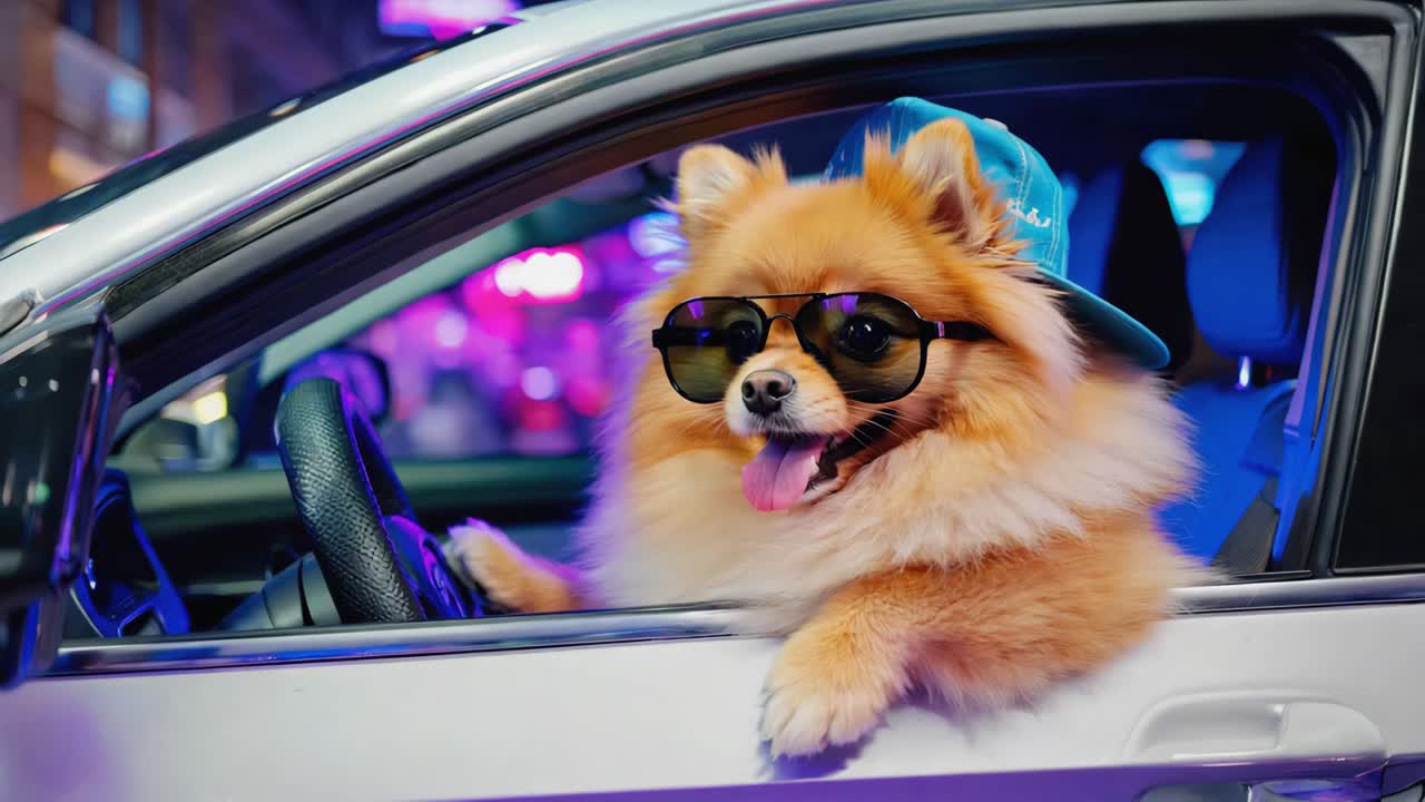 Dog Driving Car with Sunglasses and Hat