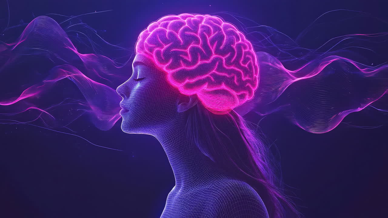 Brain and mind abstraction. A glowing pink brain connects to a woman's silhouette, symbolizing thoughts and mental energy against a dark background