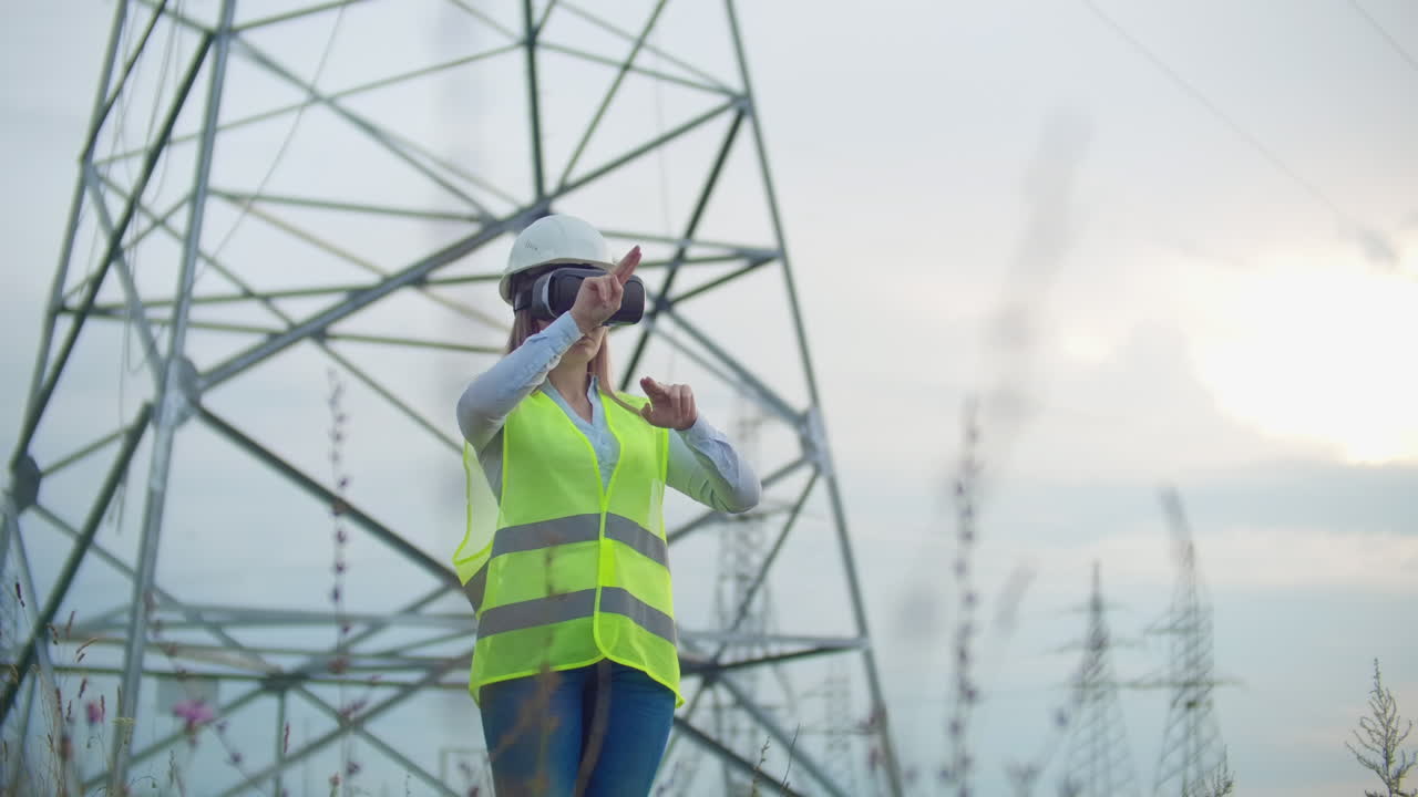 ingeniera de energía femenina de plano medio con gafas de realidad virtual y casco blanco en el fondo de torres de líneas eléctricas de alto voltaje