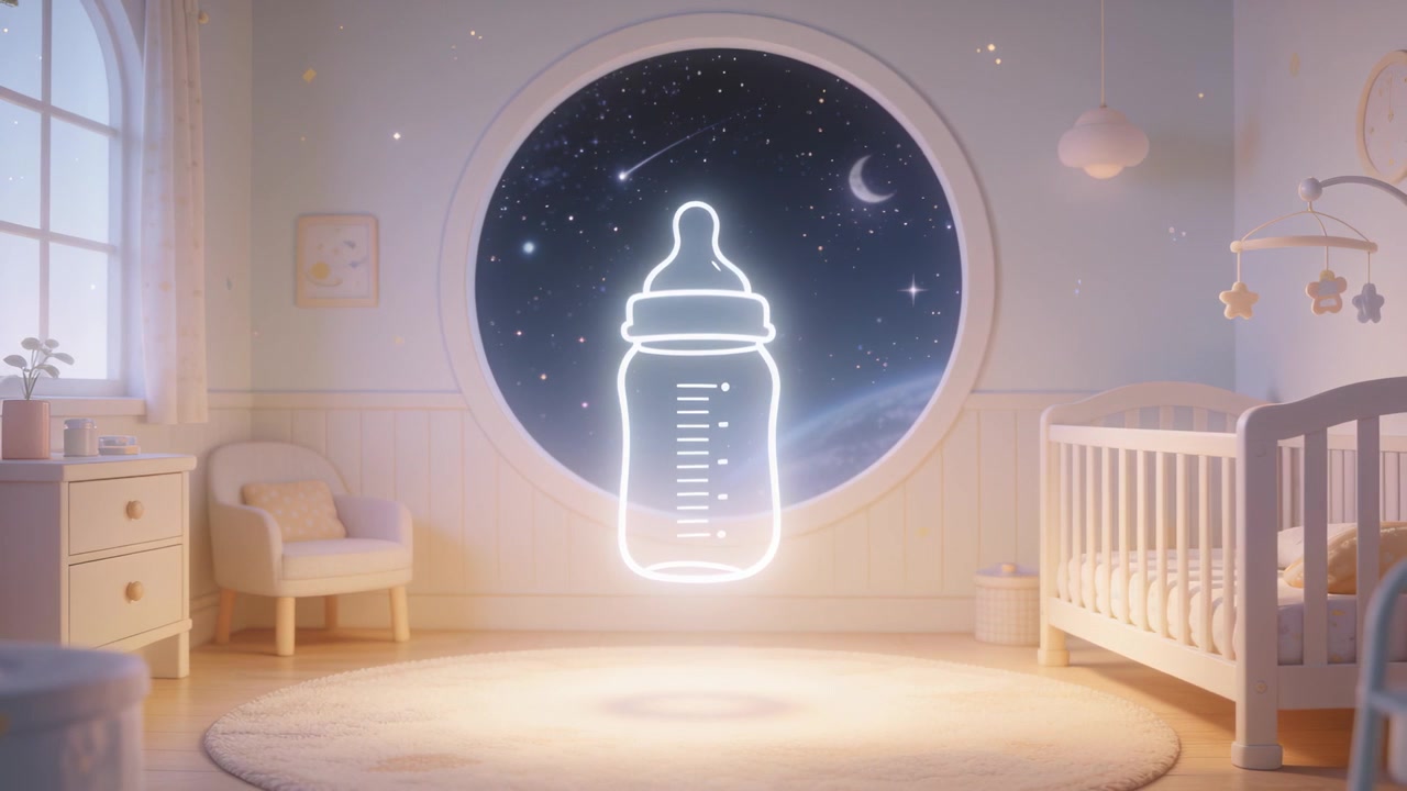 Appearing neon baby bottle outline pulsing above nursery rug, signaling bedtime with starry window