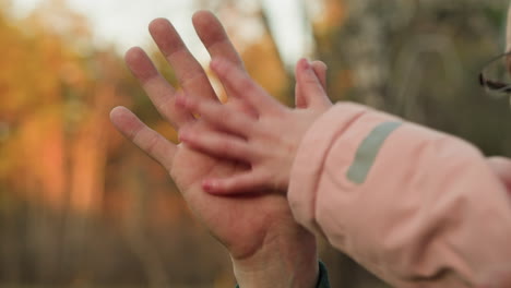 una toma de primer plano captura el momento tierno e íntimo de la mano de un niño que se extiende suavemente para tocar la de un adulto, en un fondo al aire libre borroso con cálidos colores de otoño