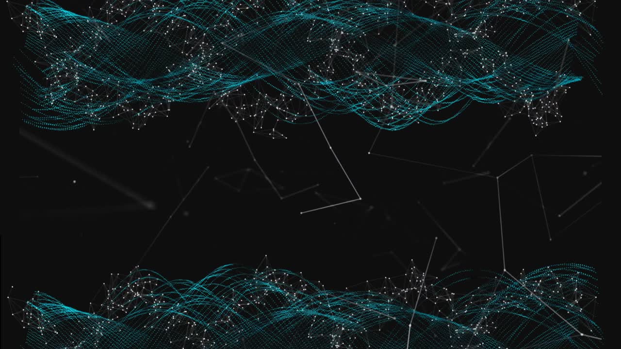 Glowing waves and Web of connections against black background