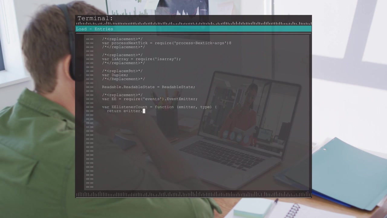 Software dev sitting at desk on remote call, terminal overlay appearing as code scrolling for debug