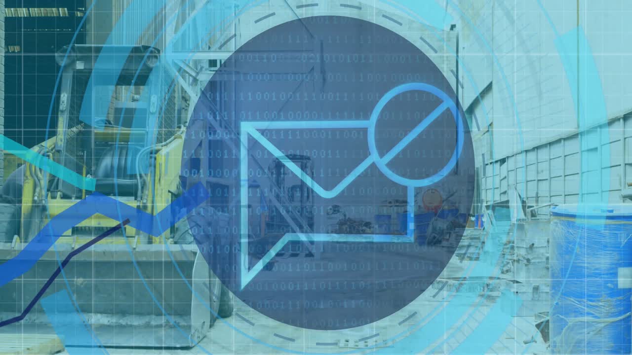 창고에 주차된 백호 차량 위의 그래프와 함께 로딩 서클에 있는 봉투의 애니메이션