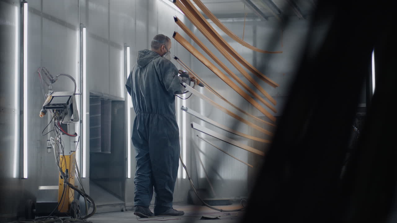 movimiento lento: un hombre con un traje de protección y una máscara pintor pulveriza pintura en las piezas. pequeña tienda de pintura de negocios. taller para pintar piezas.