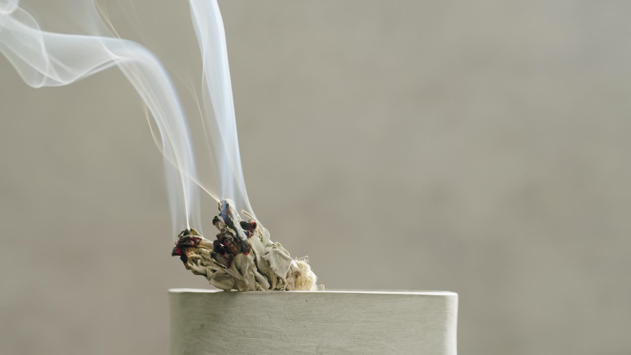 Person holding Palo Santo wood stick in hand, aromatic Palo Santo burning on black background, smoke spreading around, slow motion video clip, high quality 4k close up footage. High quality 4k footage