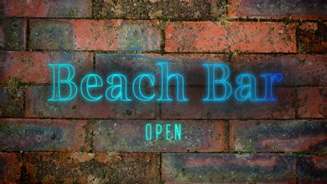 strandbar in blauem neon auf ziegelsteinwandhintergrund geöffnet