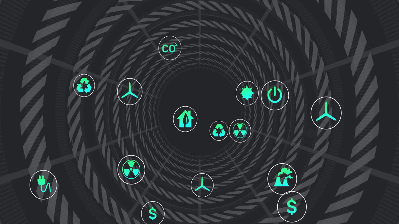 Eco-friendly animation with wind turbines and recycling symbols in circular pattern
