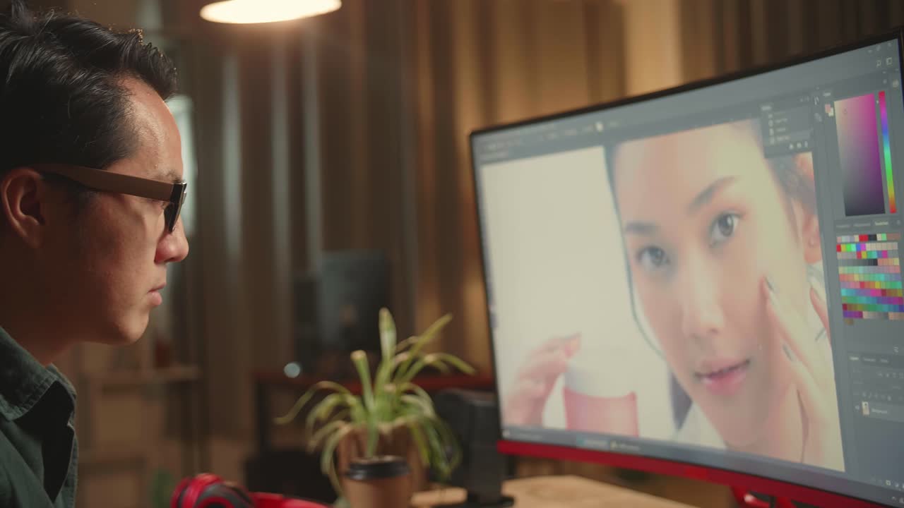Tired Asian Male Digital Editor Works In Photo Editing Software On His Personal Computer With Big Display, He Works At Night