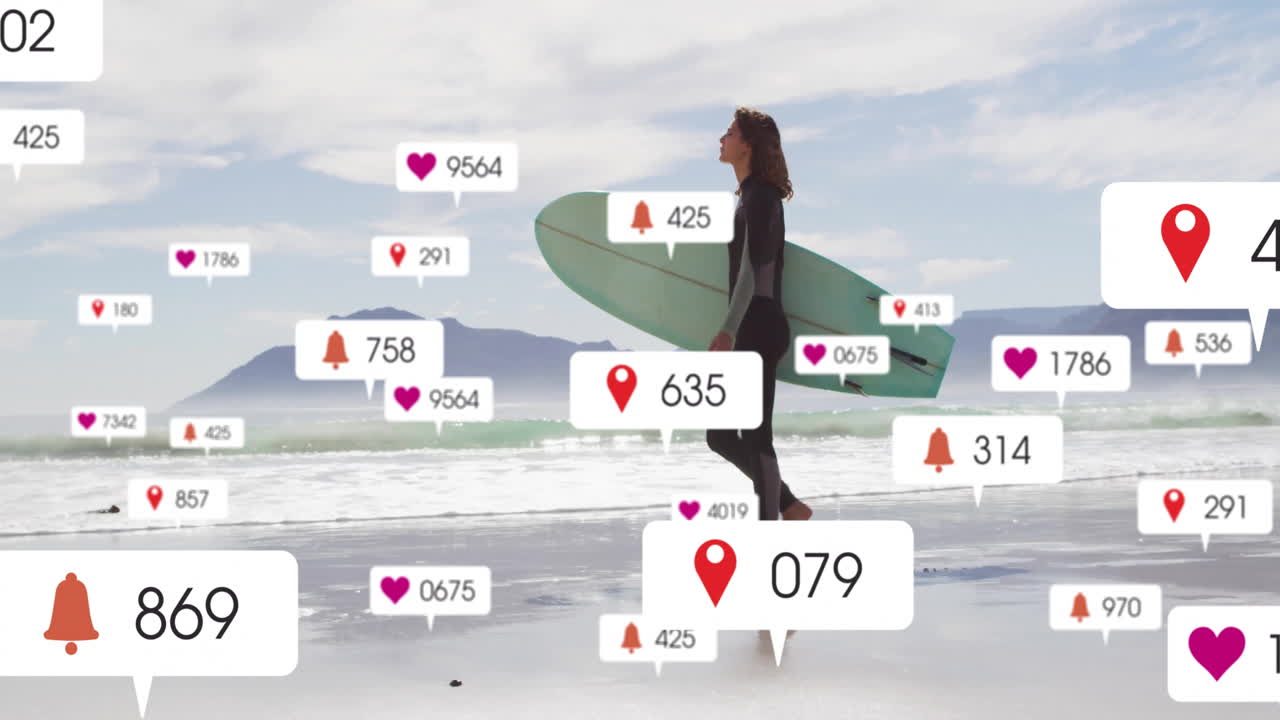 Woman walking shoreline carrying surfboard, featuring floating heart bell pin icons for marketing