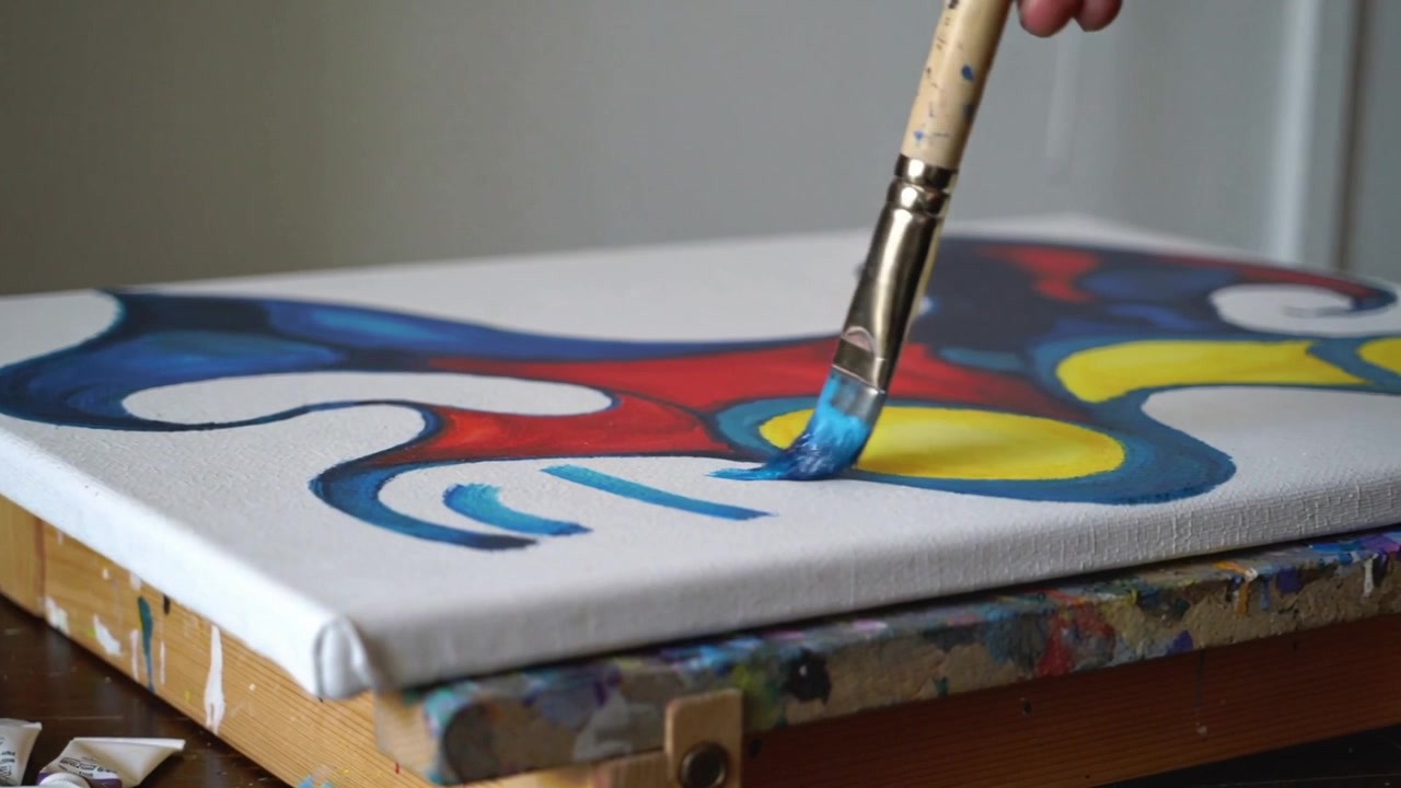 Abaixando o pincel, mão do artista adicionando pinceladas azuis em tela sobre a mesa, preenchendo a forma com suporte de madeira.