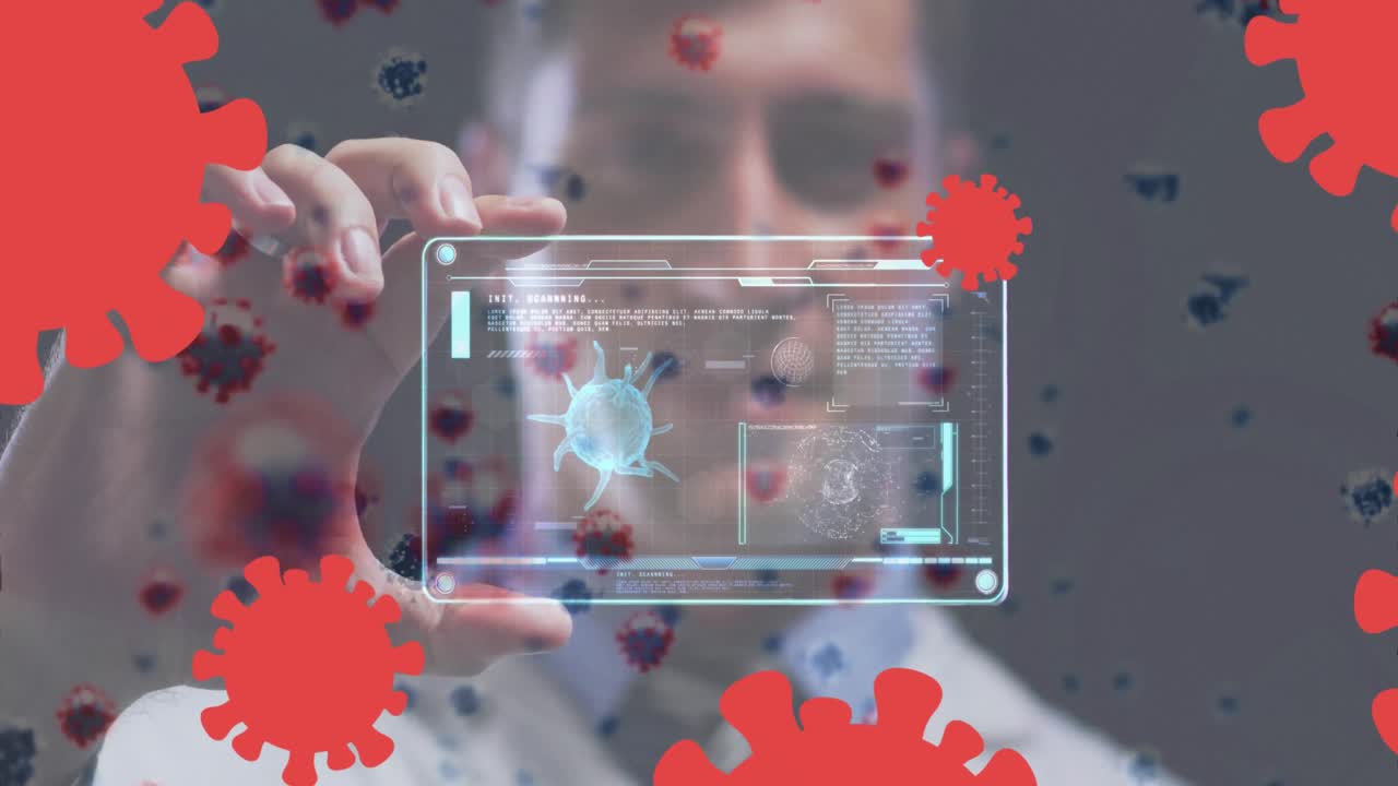 animación de células de covid-19 sobre un médico caucásico que sostiene una pantalla futurista