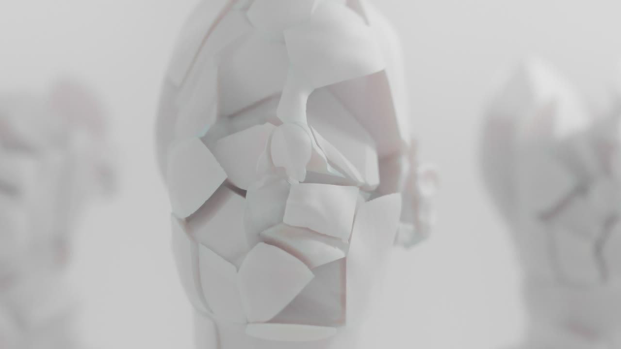 Three crushed android heads on spikes in white space