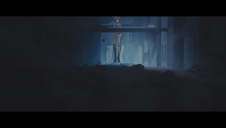 floating figure in a desolate futuristic landscape