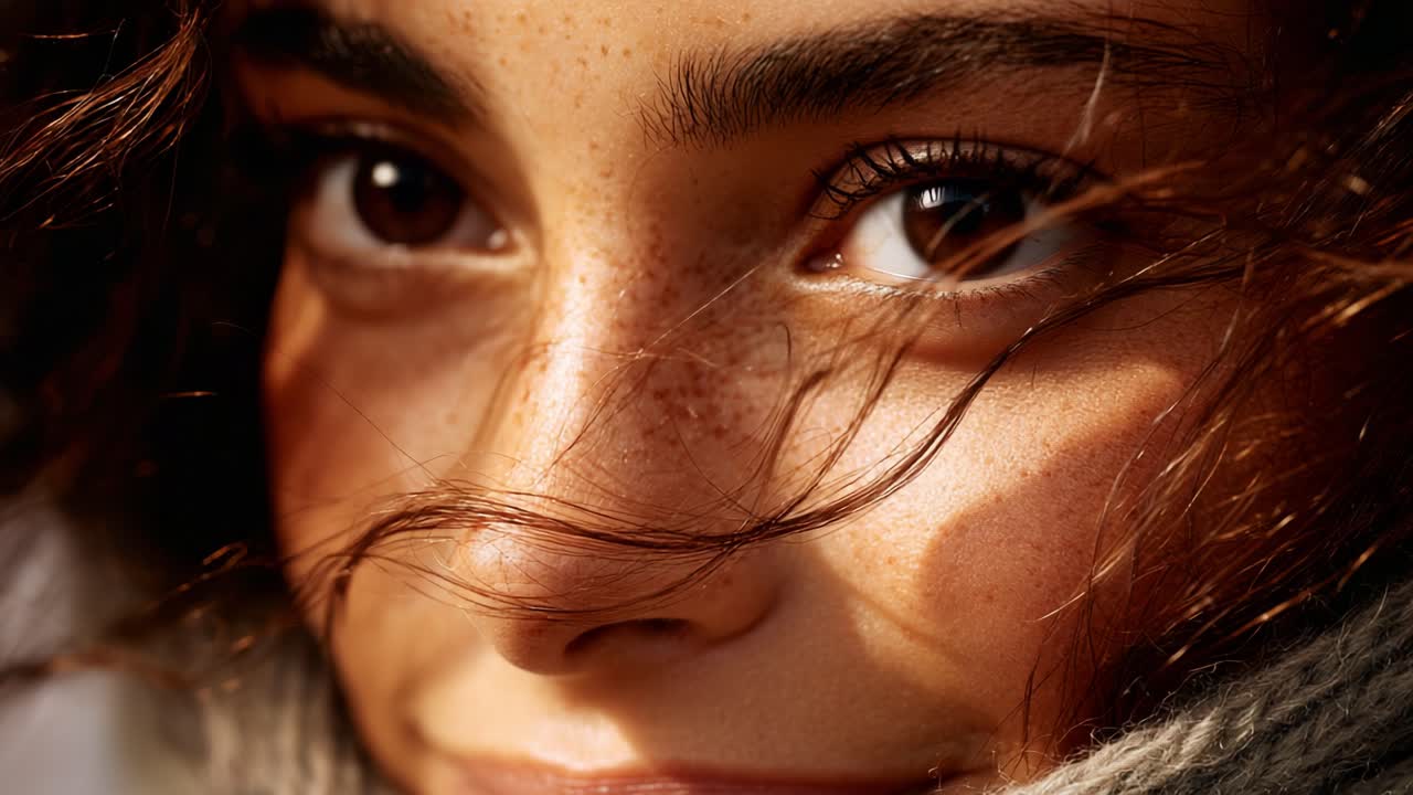 Capturing a Moment: A Close-Up Portrait of a Young Girl with Freckles and Hair Flowing in the Wind, Exuding Joy and Serenity in Natural Light