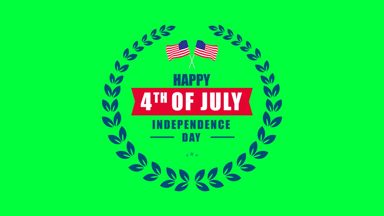 4th of July Celebratory Animation with Greetings for Independence Day Displayed at the Center of the Screen with American Flag and a Leaf Garland on a Customizable Green Background