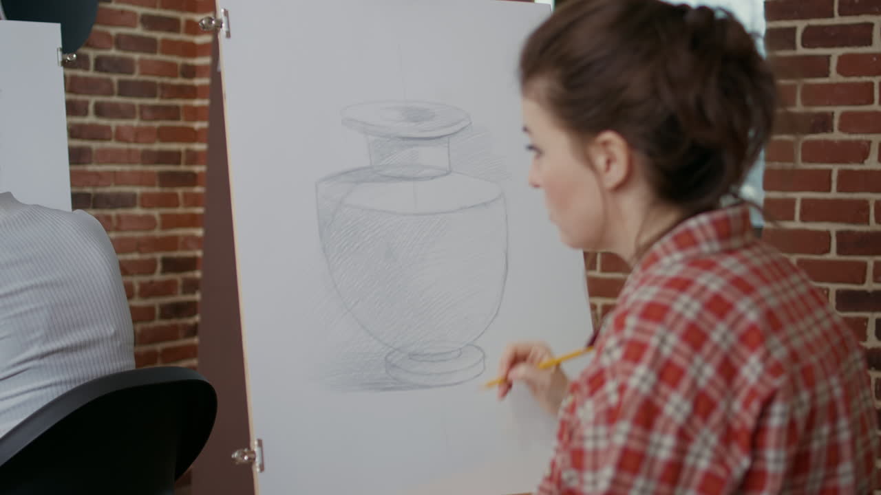 Artist creating vase drawing on canvas and easel