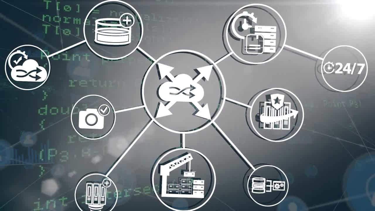 animación de una red de iconos digitales y procesamiento de datos contra un punto de luz sobre un fondo gris.