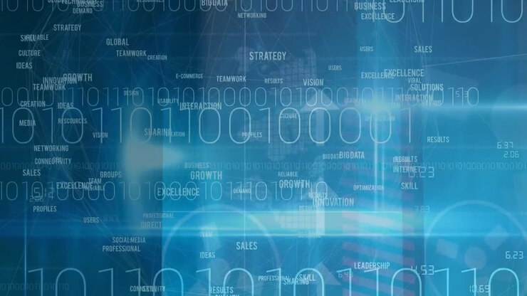 Animation of binary coding over arrows pointing up on blue background