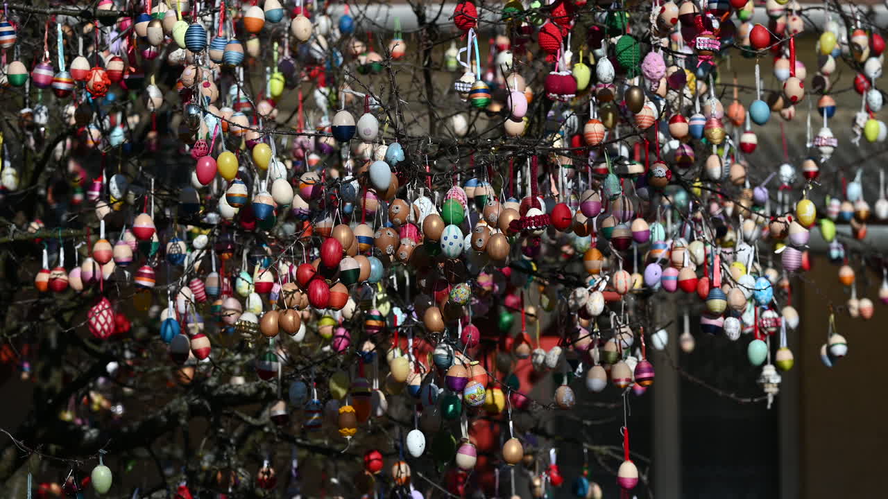 Easter egg tree with intricate and colorful decorations