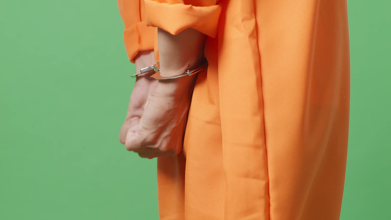 그는 녹색 화면 배경에 서있는 동안 수갑에 남성 죄수의 손을 가까이