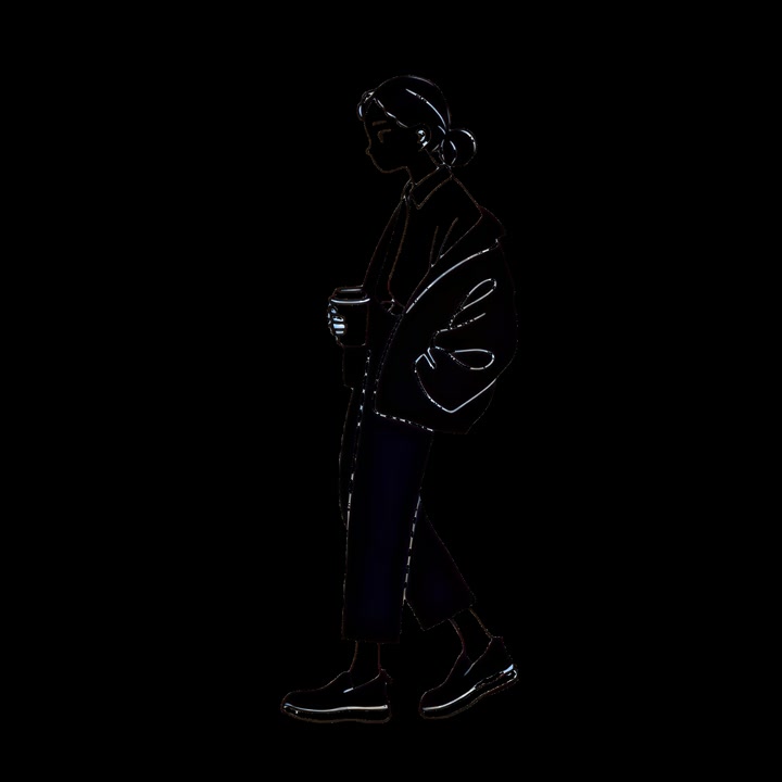 Illustrazione minimalista di animazione di donna che cammina, risorsa isolata, video 4K trasparente, alpha