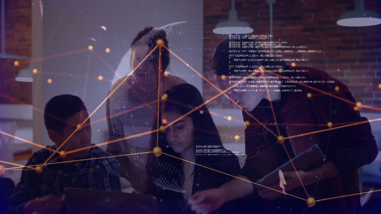 Diverse team collaborating on project with data network animation overlay