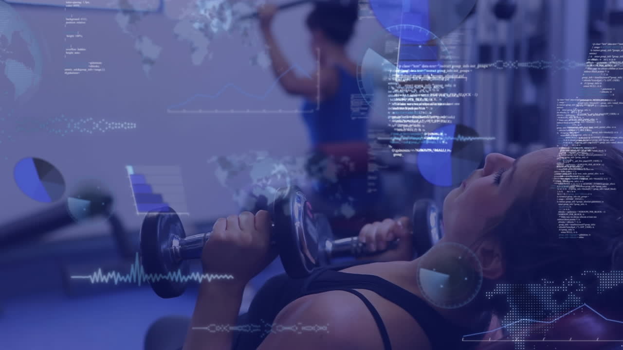 여성이 몸무게를 들어 올리고 체육관에서 운동하는 데이터 처리의 애니메이션