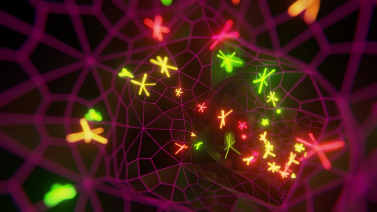 Retro 80s 3D fairytale tunnel with a flow infinite glowing stars and as a futuristic light connection visualization. 3D video loop motion as nightclub corridor abstract background.