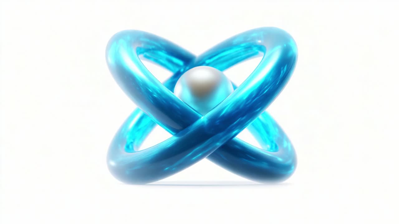 A mesmerizing abstract sculpture featuring intertwining blue rings surrounding a luminous pearl at its center, showcasing elegance and modern design aesthetics in a clean, bright backdrop