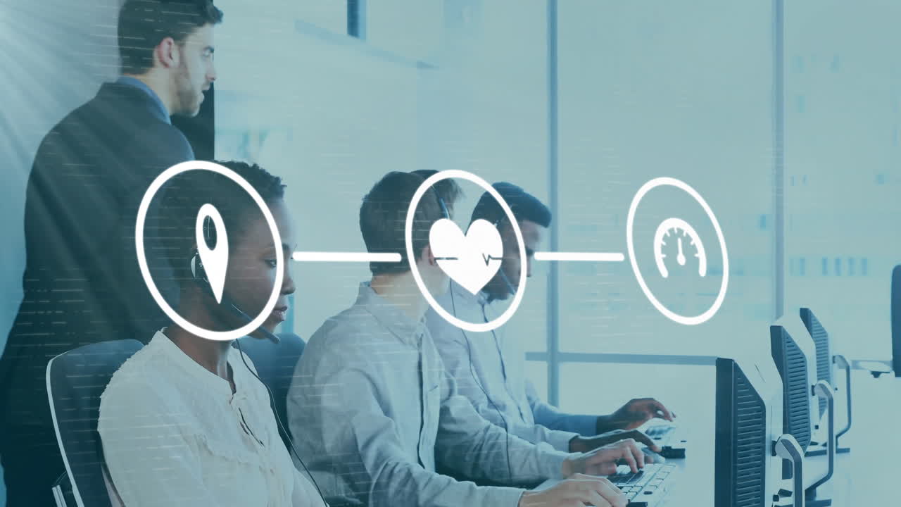 animación de la red de conexiones con iconos sobre diversas personas de negocios en la oficina